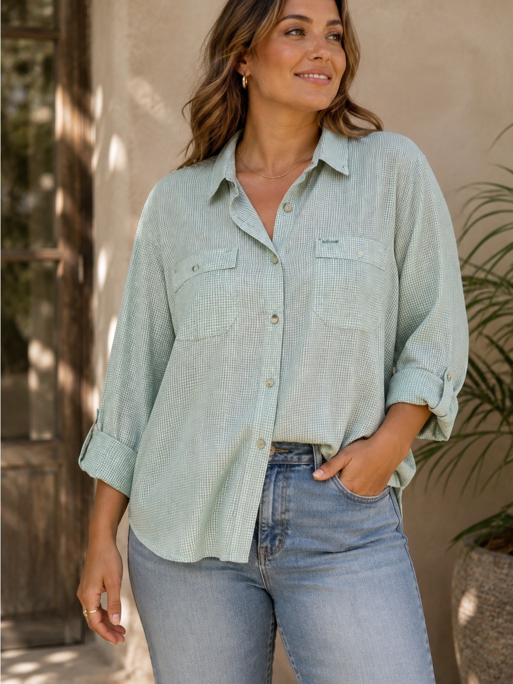 DKNY Jeans XL Mint Green Gingham Linen Blend Button Down Shirt Oversized *